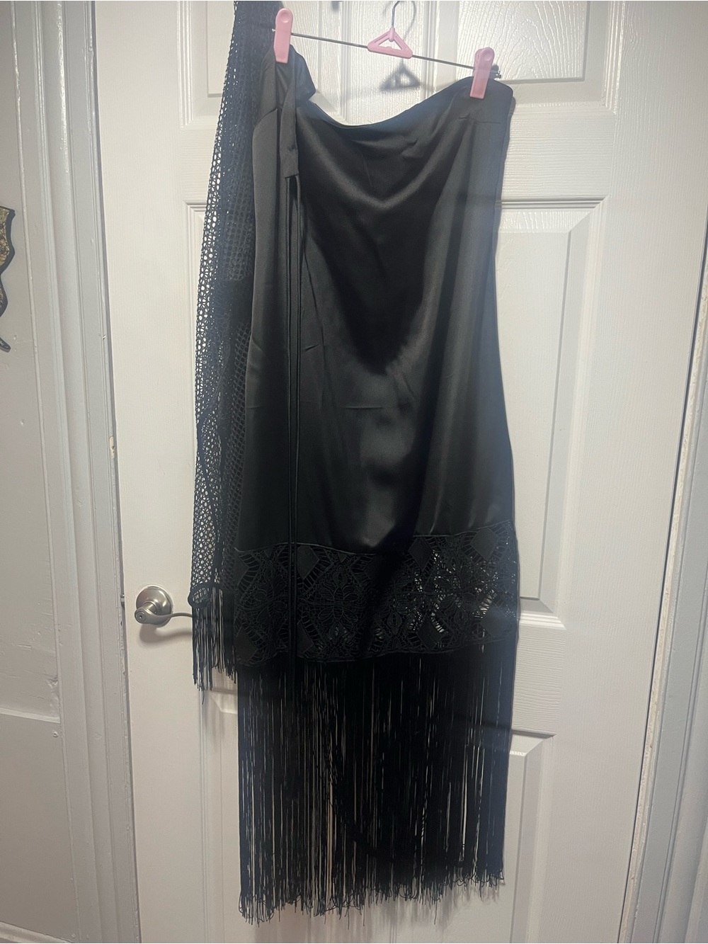Black Fringe Satin halter dress with crochet and fringe finished bottom.